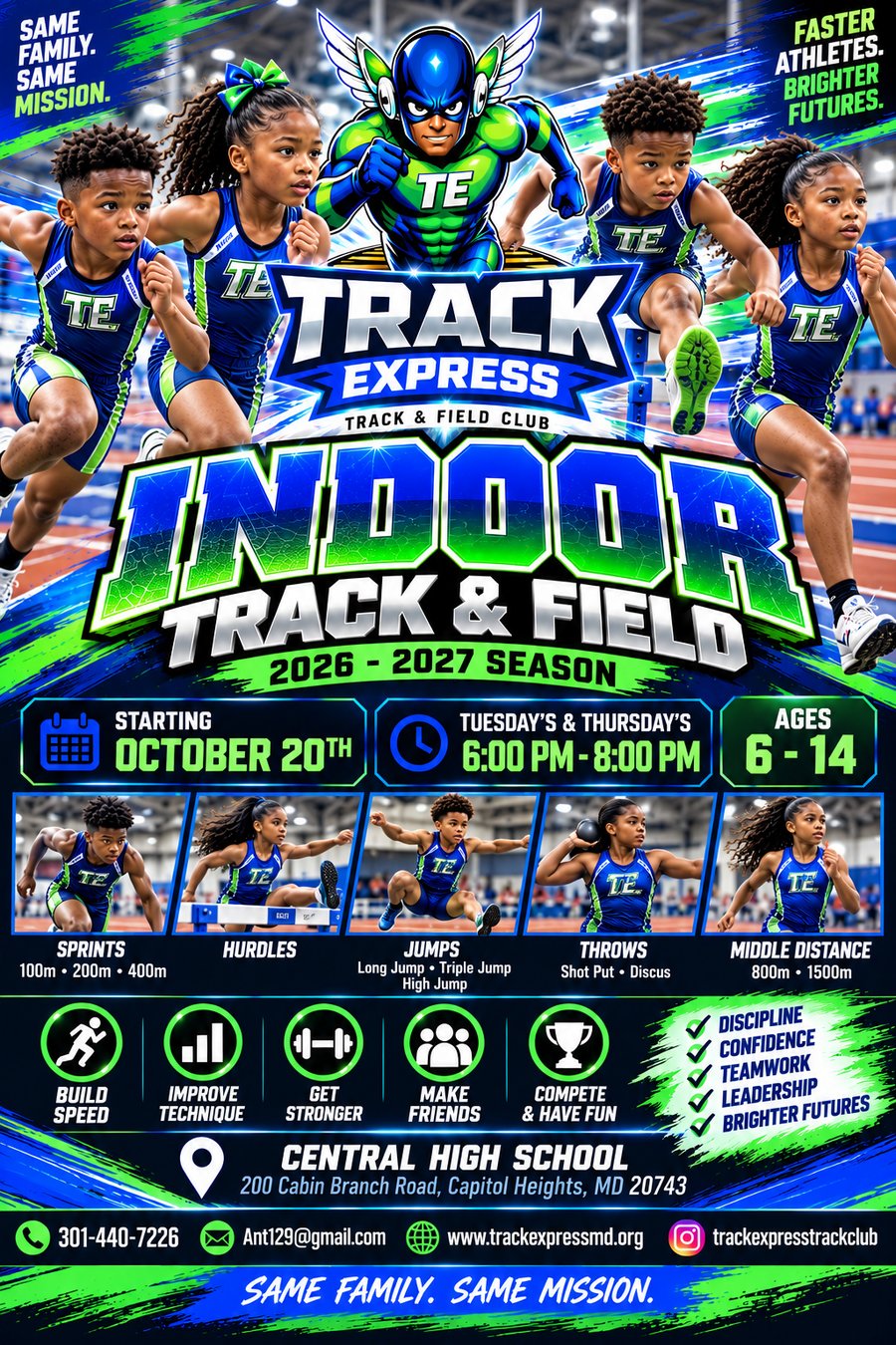 Track Express 2026/2027 indoor season flyer: first practice October 20, Tuesdays and Thursdays 6-8 pm at Central High School