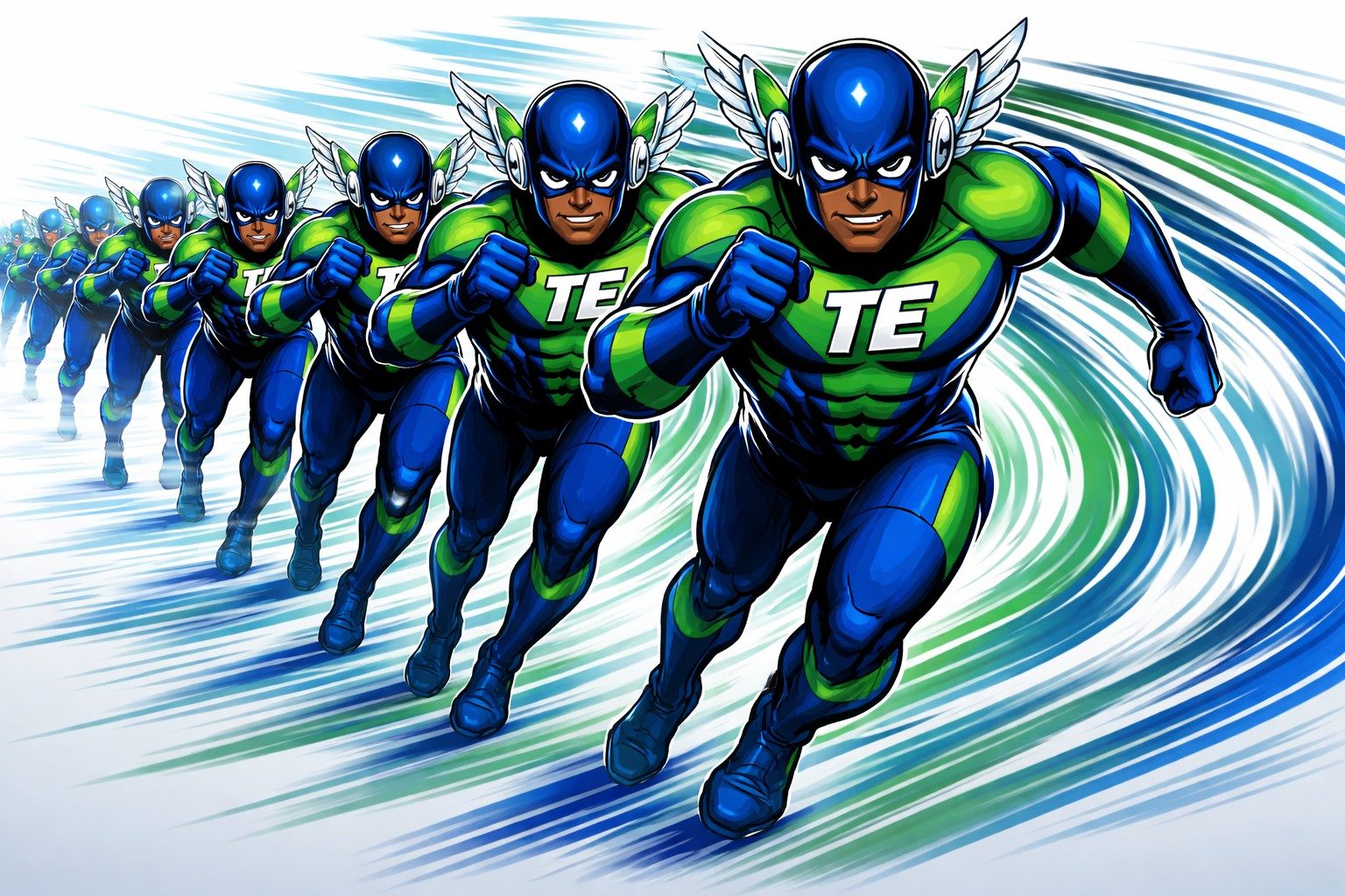 Track Express superhero runners racing in blue and green